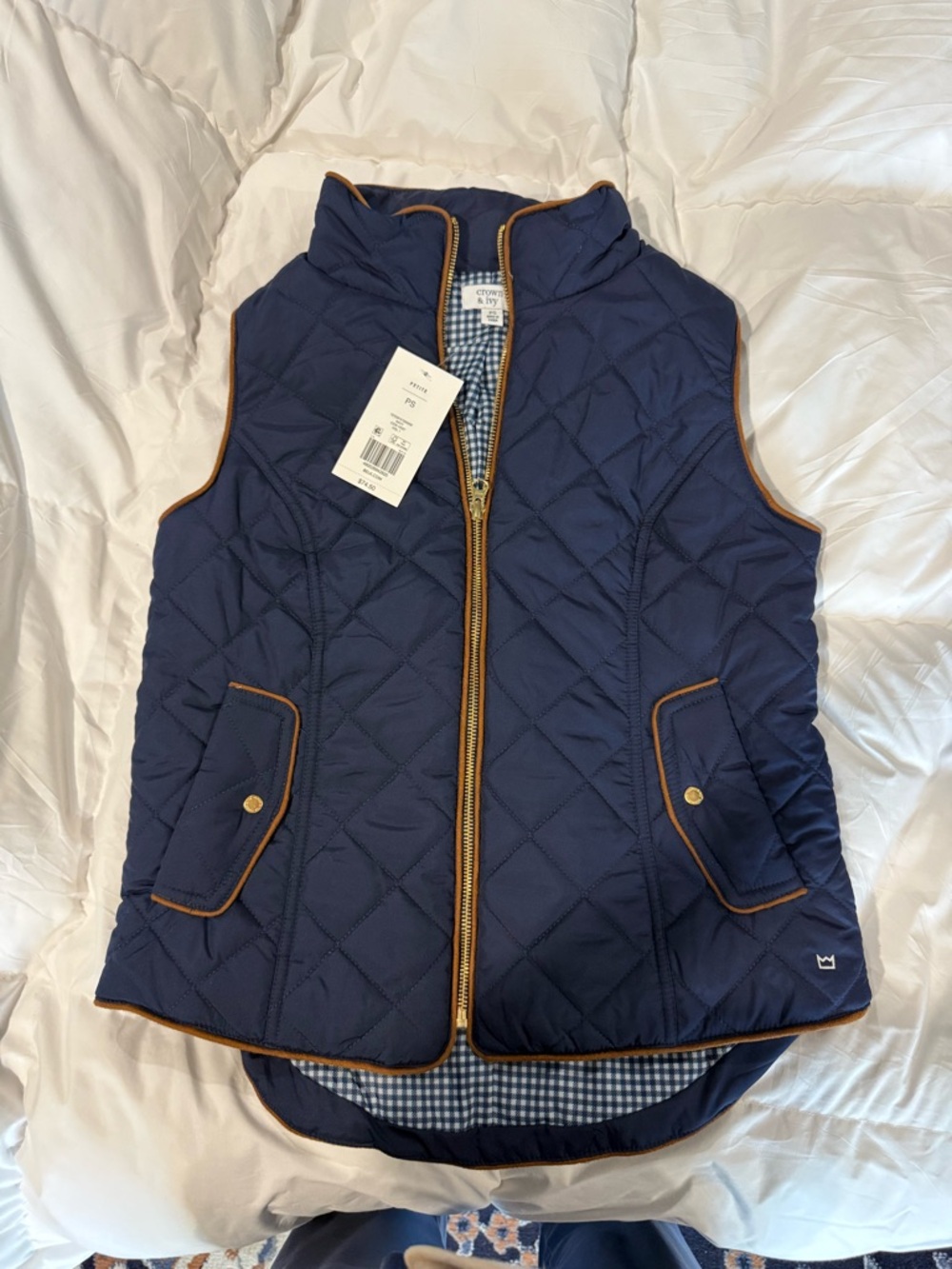 crown & ivy Navy Quilted Vest with Brown Trim